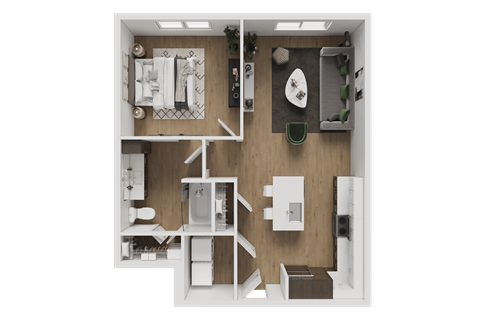 A top-down view of a small apartment with a kitchen, living room, and bathroom.
